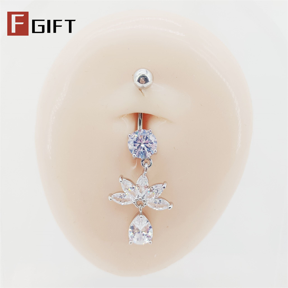 Yoga Fitness Bar - Zircon Yoga Lotus Flower Dangle Belly